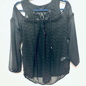 Buffalo David Bitton Black Sheer Lace-Up Blouse Cold Shoulder size Small NWT